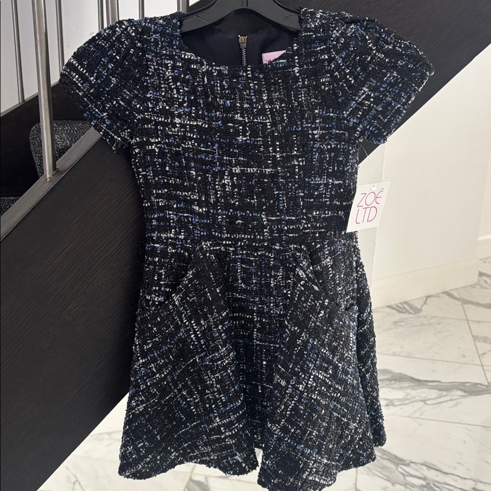 Zoe Ltd Elegant Black and Blue Tweed Dress
